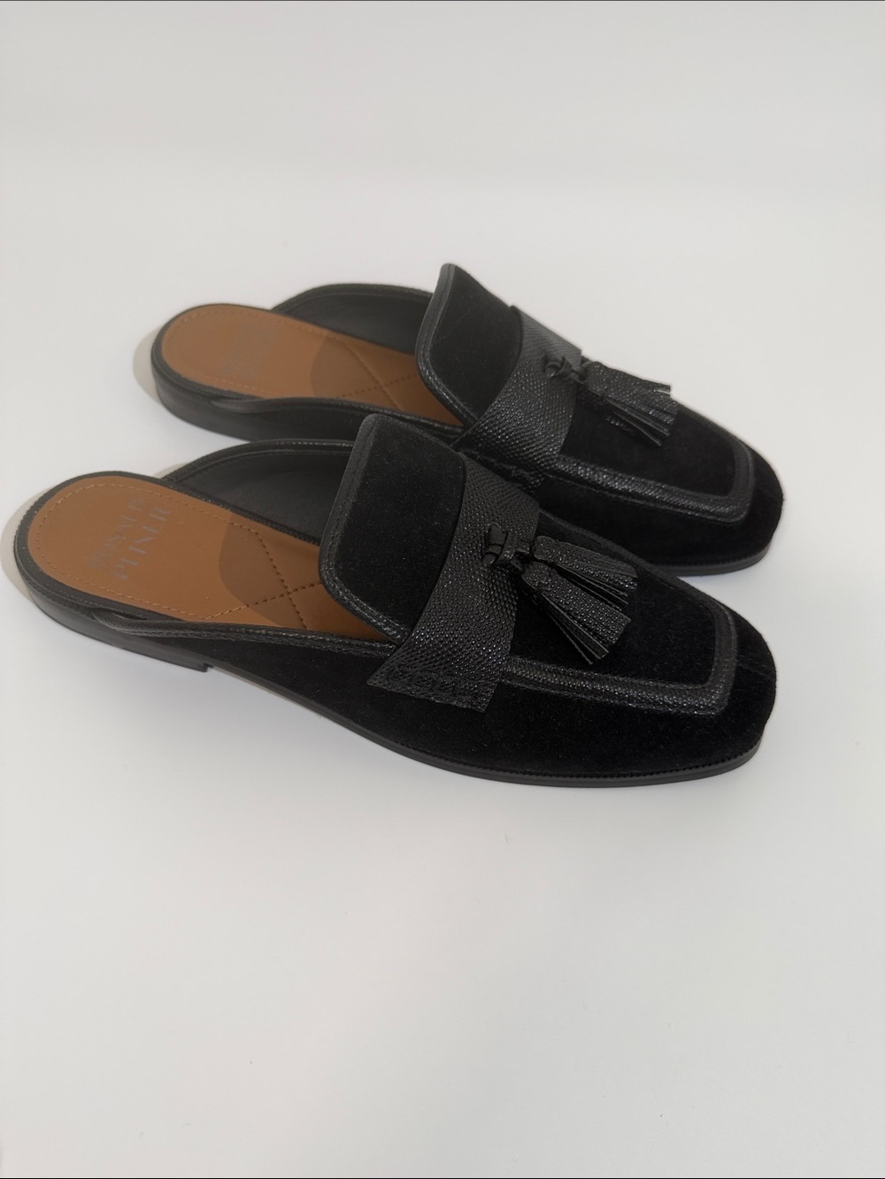 Donald Pliner Bryant Slides Mules Size 9.5 Black Suede With Tassels NWOT